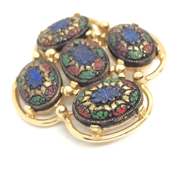 VINTAGE SARAH COVENTRY LIGHT OF THE EAST MOSAIC BROOCH GOLD TONE CROSS SIGNED - Picture 4 of 9